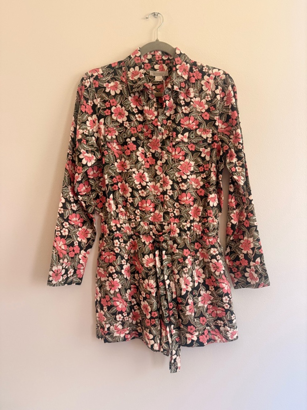 Outerknown Floral Button Romper in Black, Pink and Cream